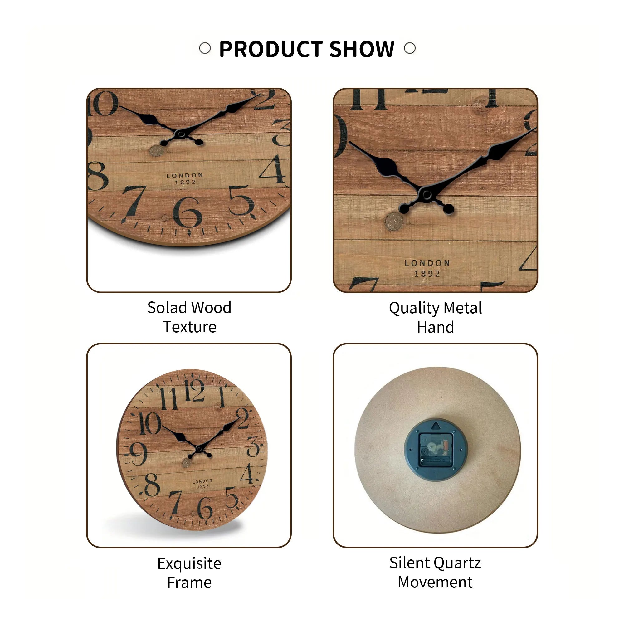 Retro brown wood textured pattern wall clock, round wooden silent clock, suitable for living room bedroom, room decor, classic h - vue 5 sur 7
