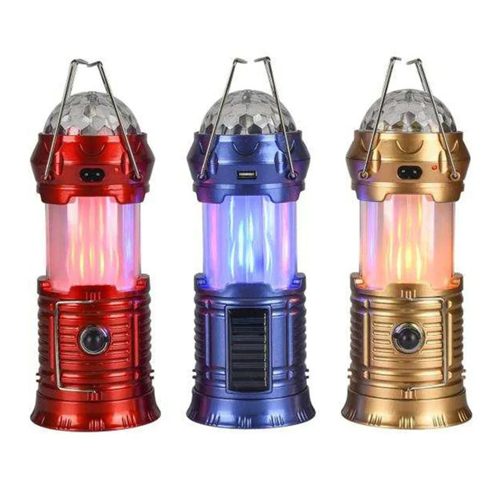 Solar Powered 4-in-1 Flame Waterproof Led Camping Lantern Light& Magic Ball Disco Lamp Flashlight for Tent,Party - vue 2 sur 9