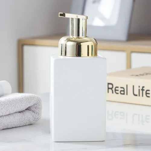 distributeur de savon en céramique avec pompe dorée pour salle de bain - vue 17 sur 17