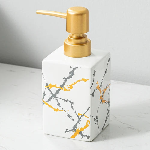 distributeur de savon en céramique avec pompe dorée pour salle de bain - vue 11 sur 17