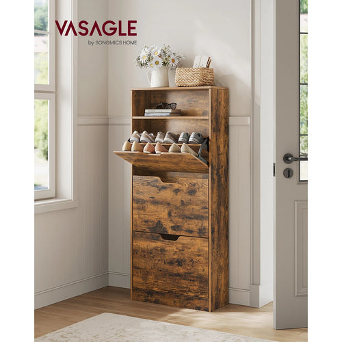 Shoe Cabinet with 3 Hinged Doors, Open Compartment, Adjustable Divider, 14 to 18 Pairs, 24 x 60 x 139 cm, Brown - vue 2 sur 8
