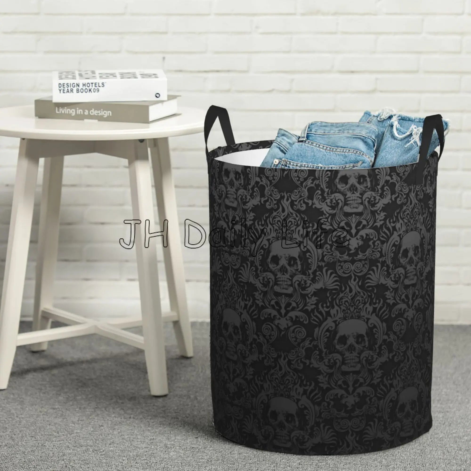 panier à linge rond gothique pliable avec tête de mort - vue 8 sur 7