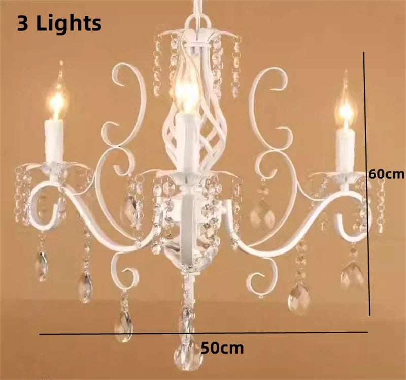 Vintage white iron chandelier with crystal pendants for interior decoration