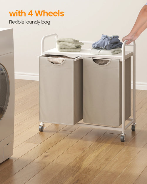 Laundry Basket, 2 Compartments, 2 x 46L, Laundry Hamper with 1 Shelf, Laundry Sorter, Laundry Bag, Extendable and Removable, Per - vue 2 sur 9
