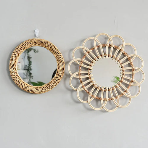 miroir décoratif rétro en rotin fait main pour décoration murale - vue 3 sur 6