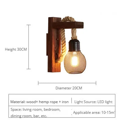 Vintage industrial loft wooden wall light with hemp rope - vue 14 sur 17