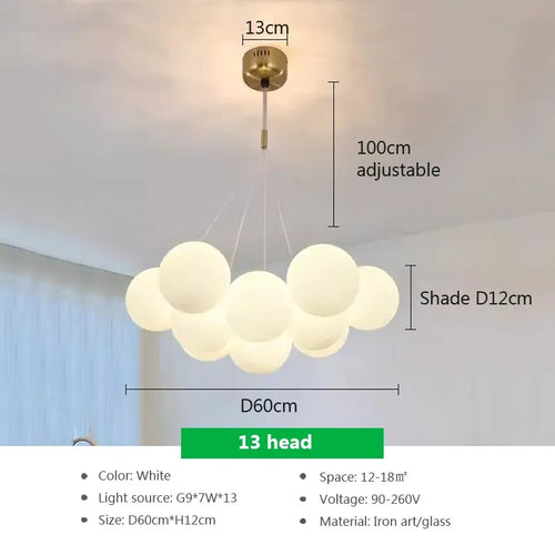 lustre verre moderne boules blanches led décoration salon salle manger - vue 15 sur 18