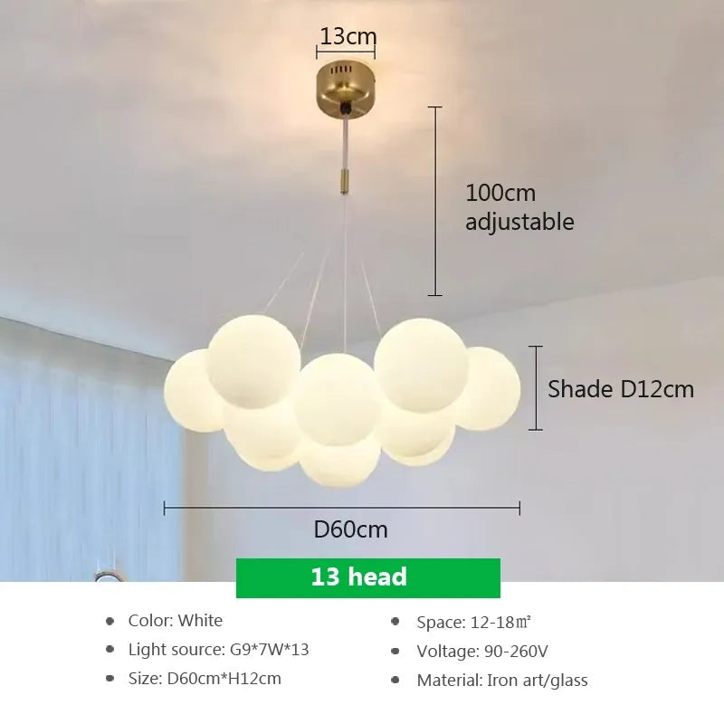lustre verre moderne boules blanches led décoration salon salle manger - vue 15 sur 18