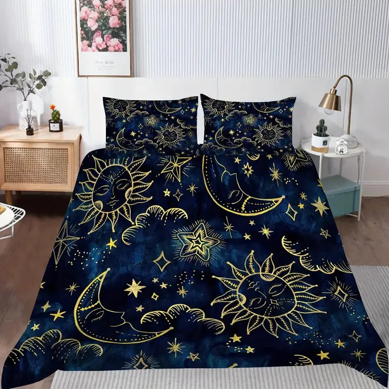 housse de couette bohème soleil lune motif floral noir blanc