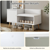 Modern luxury shoe chest in white with storage, upholstered bench and backrest shoe rack with metal handles and Meta