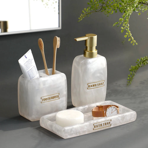 Bathroom Accessories White Pearl Look Bathroom Vanity Countertop Accessory Set,Soap Dispenser,Toothbrush Holder Set,Tray - vue 2 sur 7