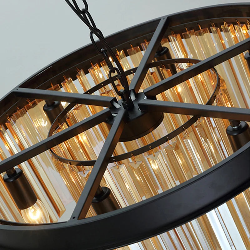 lustre rond en cristal de luxe avec lampes dorées