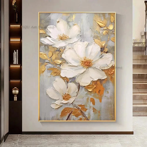 Tableau peinture à l'huile épaisse fleurs blanches abstraites décoration murale luxe