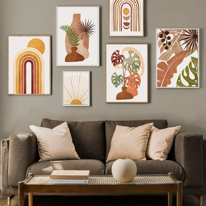 Terracotta monstera vase painting Nordic abstract wall decoration