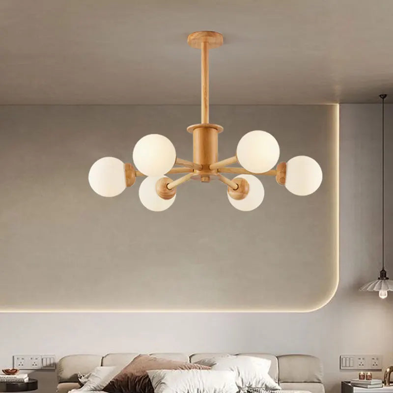 lustre en bois nordique avec boule de verre décorative - vue 4 sur 11