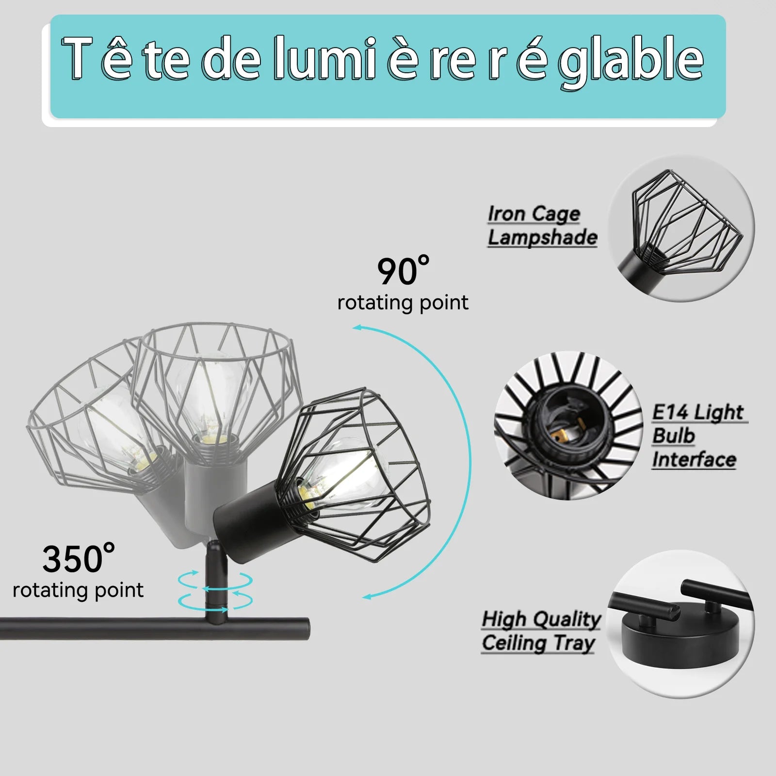 lustre en métal à led éclairage intérieur angle réglable décoratif - vue 5 sur 9