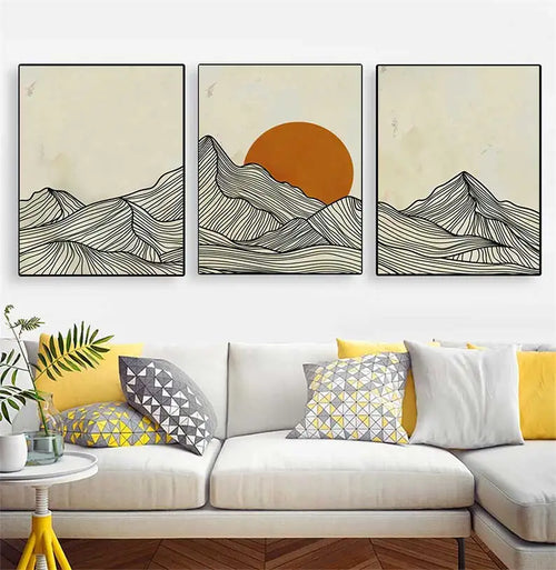 Minimalist Sun Mountain Line Abstract Wall Art, Nordic Posters Prints, Minimalist Image, Canvas Painting, Room Decoration, Set 3 - vue 3 sur 7