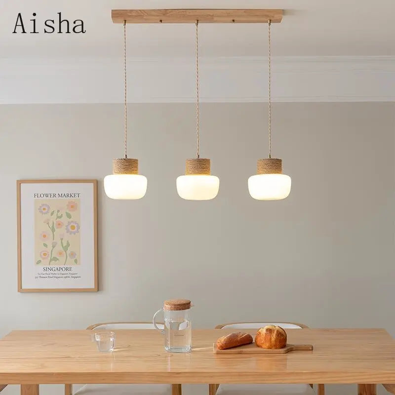 suspension wabi-sabi en verre blanc avec corde de chanvre - vue 2 sur 10
