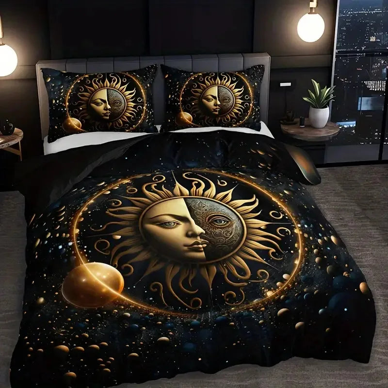 housse de couette bohème soleil lune motif floral noir blanc