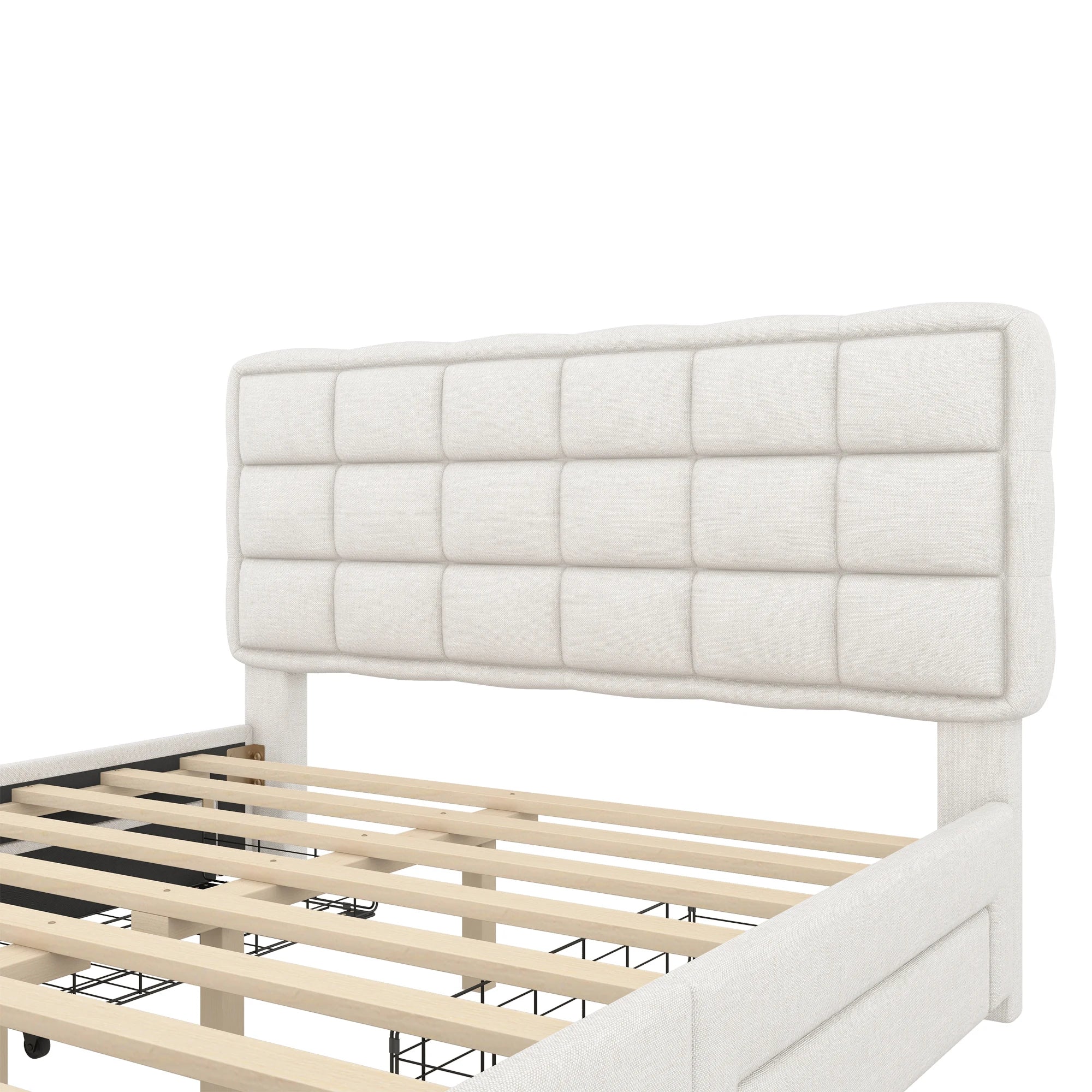 Upholstery bed, 140x200cm, bed with slatted frame (without mattress), bed with four drawers, minimalist style, linen, beige - vue 4 sur 6