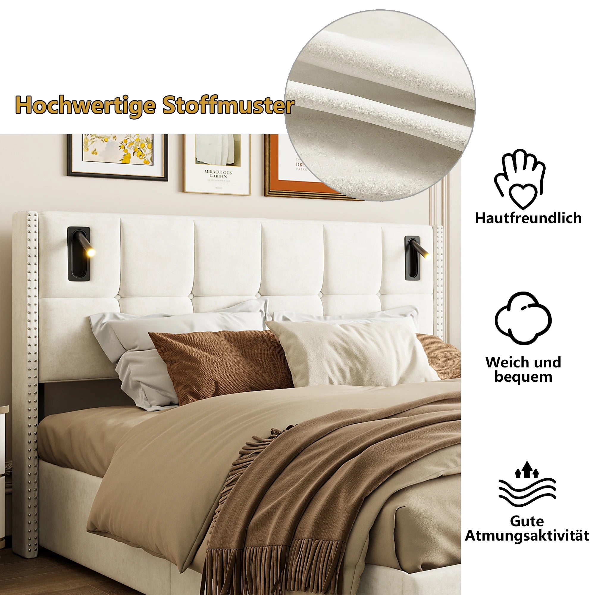 Single and Double Bed with Slatted Frame, Hydraulic Upholstered Storage Bed, Headboard with 2 Reading Light and USB Port, Velvet