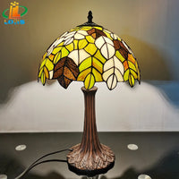 lampe à poser en verre style tiffany avec feuilles décoratives antique