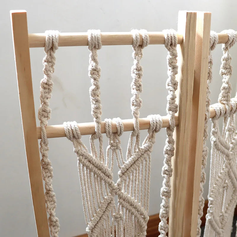 paravent bohème en bois massif tissé main décorations japonaises et coréennes - vue 5 sur 6