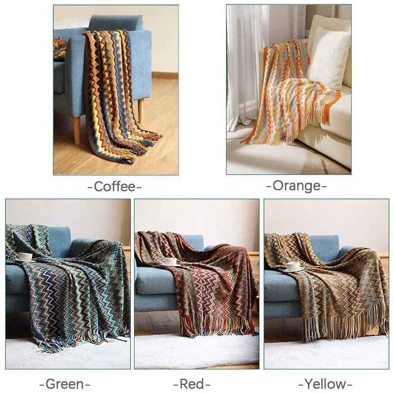 plaid boheme tisse a carreaux avec pompons doux - vue 6 sur 6