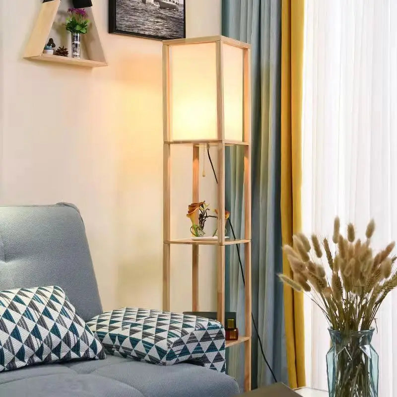 lampadaire LED étagère de rangement Nordic tissu bois massif lampe sur pied pour salon chambre bibliothèque fleur support interrupteur à tirer - vue 8 sur 7