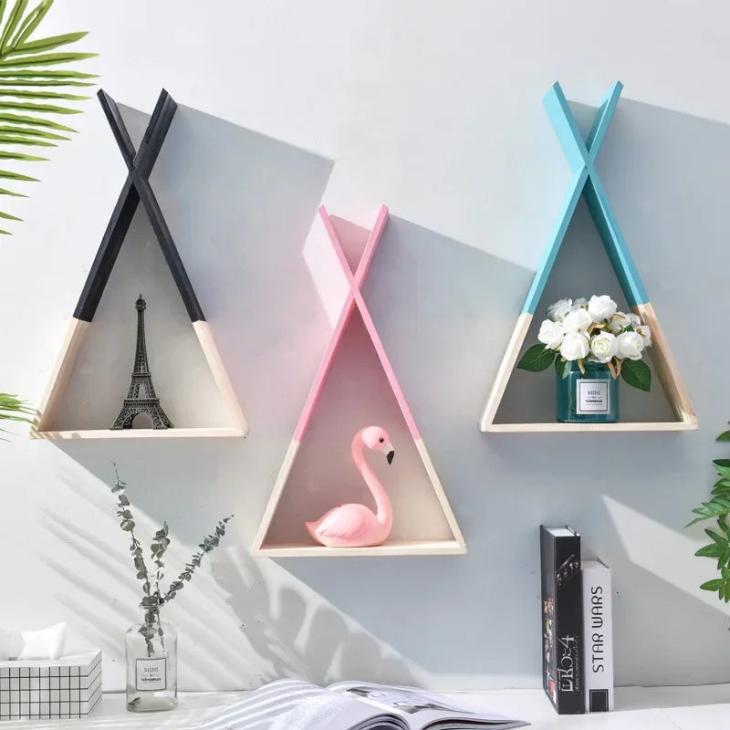 Triangle Wooden Shelf for Wall Decoration, Decorative Crafts, Storage Holder, Living Room, Kids Room - vue 3 sur 10