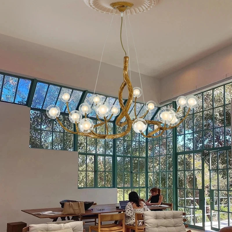 lustre nordique en résine imitation branche avec boule de verre