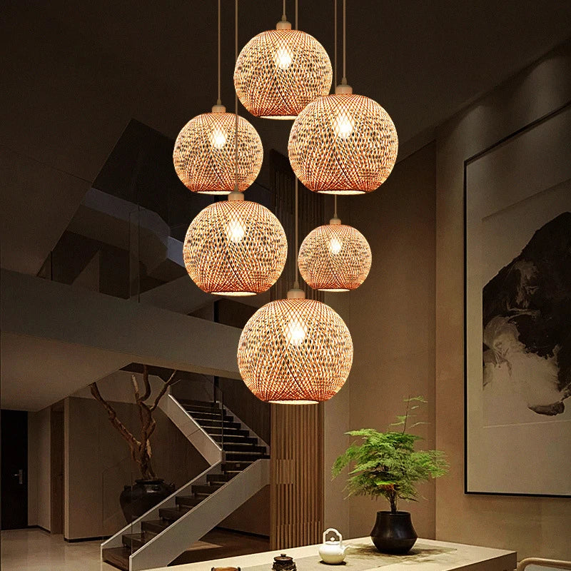 lustre moderne nordique en bambou tissé à la main led