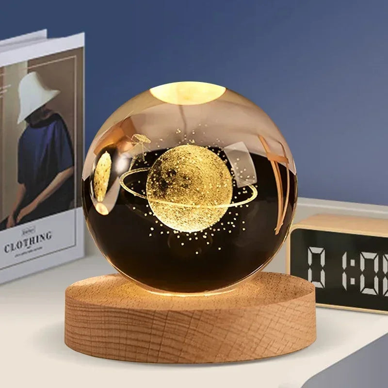 veilleuse 3D en cristal système solaire cadeau décoratif en bois - vue 14 sur 16