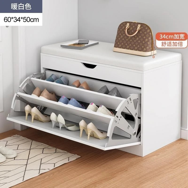 Home Shoe Cabinet with Bench, Anti-Dust Shoe Storage Bench, Multi-Layer Wooden Organizer with Cushion and Stable Structure - vue 7 sur 13