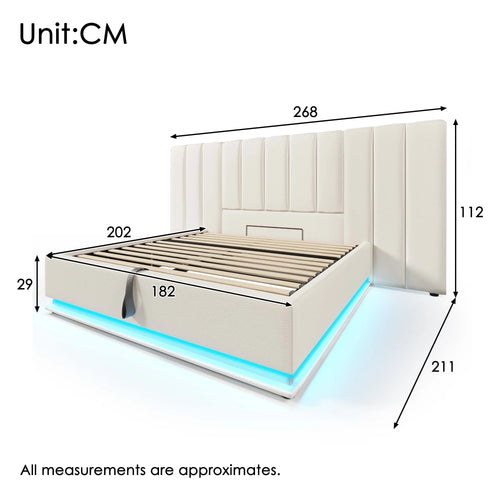 Upholstery bed 180 × 200, double bed storage bed with App Control LED and USB-C charging function, bed rack with slatted frame, PU, White, O - vue 7 sur 6