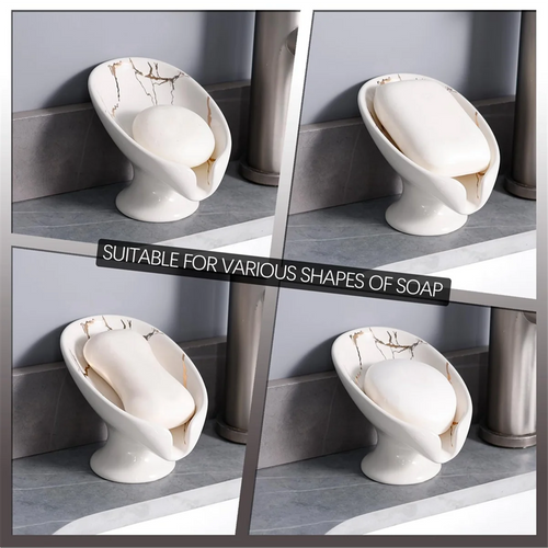 Soap Dish, Ceramic Soap Holder Self Draining Marble Look Leaf-Shape Soap Dishes for Bathroom,White - vue 7 sur 6