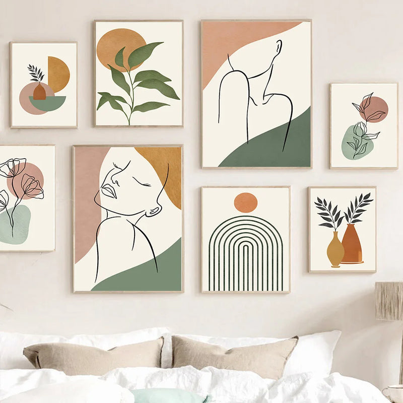 art mural abstrait boho cactus et fleurs géométriques