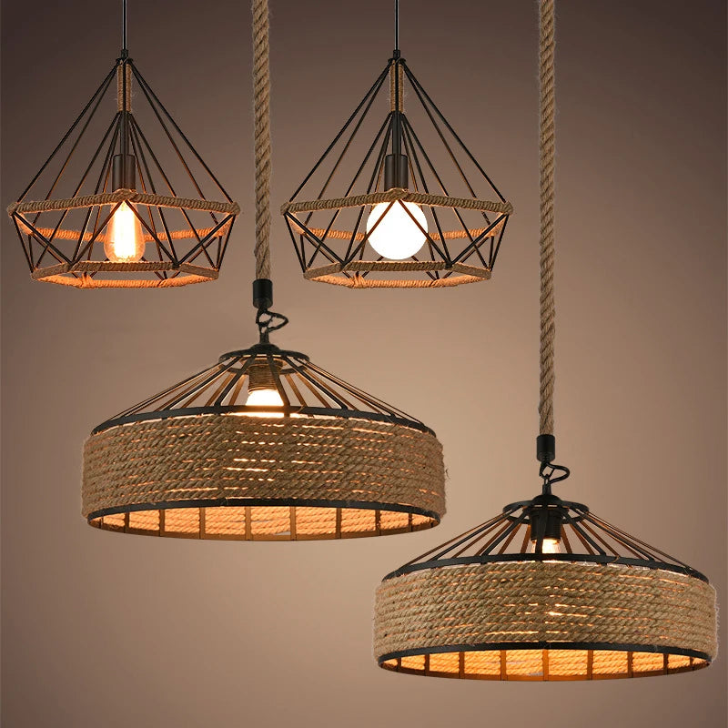 Sisal chanvre corde suspension plafonnier Lustre suspendu Lustre fer main tressage rustique rétro pour salle à manger décor - vue 5 sur 28