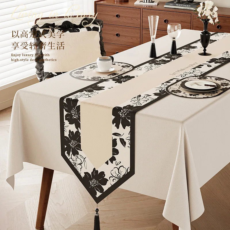 Chemin de table lin motif floral végétal vintage campagne 7 mots