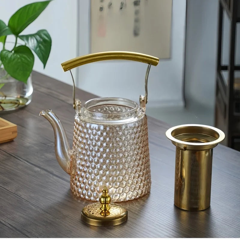 Théière japonaise verre borosilicate rétro poignée cuivre - vue 6 sur 7