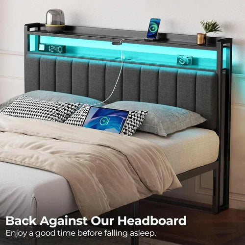 Headboard for Full/Twin/Queen Bed with Storage, 60,000 DIY Color of LED Light, with USB, Height Adjustable, Black Upholstered - vue 3 sur 8