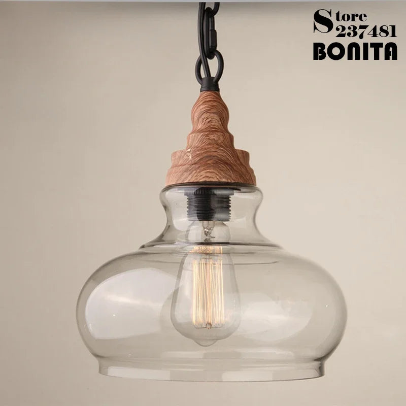 edison luminaire suspendu vintage en verre bois et fer - vue 6 sur 9