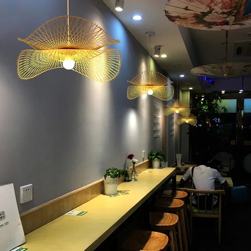 lustre chinois fait main en bambou avec éclairage led suspendu - vue 4 sur 7