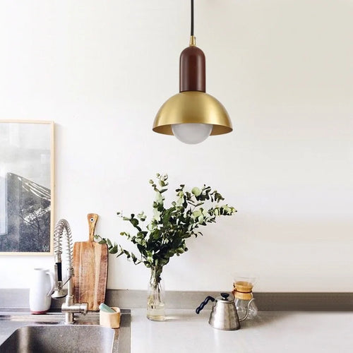 Minimalist Japanese style chandelier in black walnut with brass wall light - vue 7 sur 8