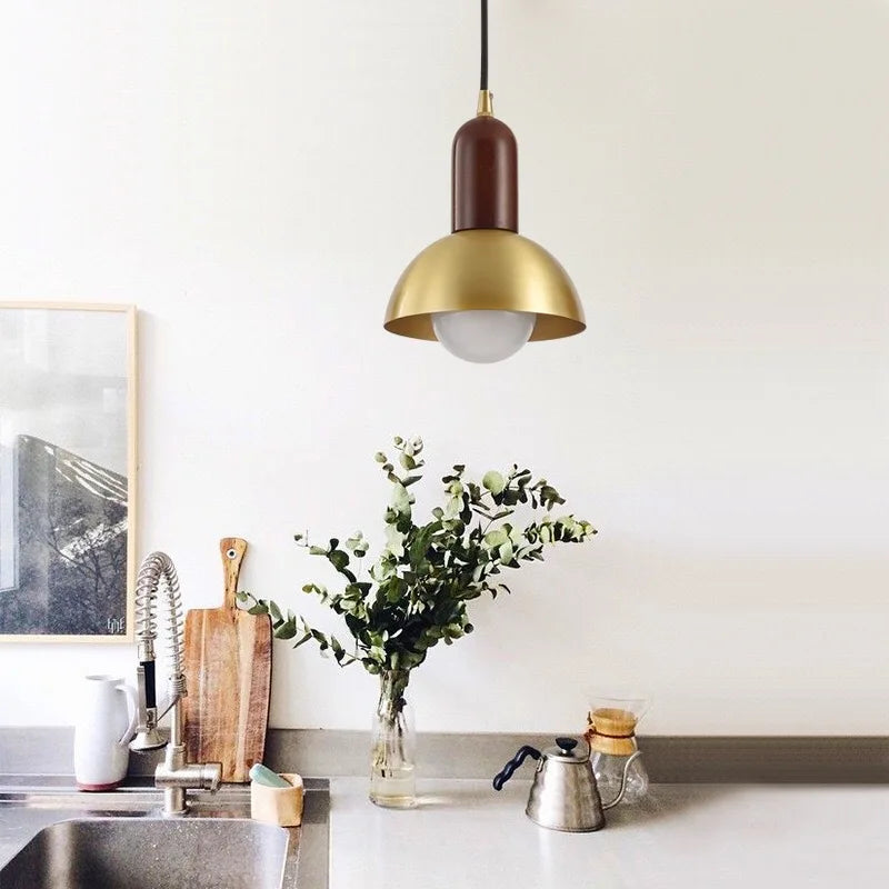 Minimalist Japanese style chandelier in black walnut with brass wall light - vue 7 sur 8