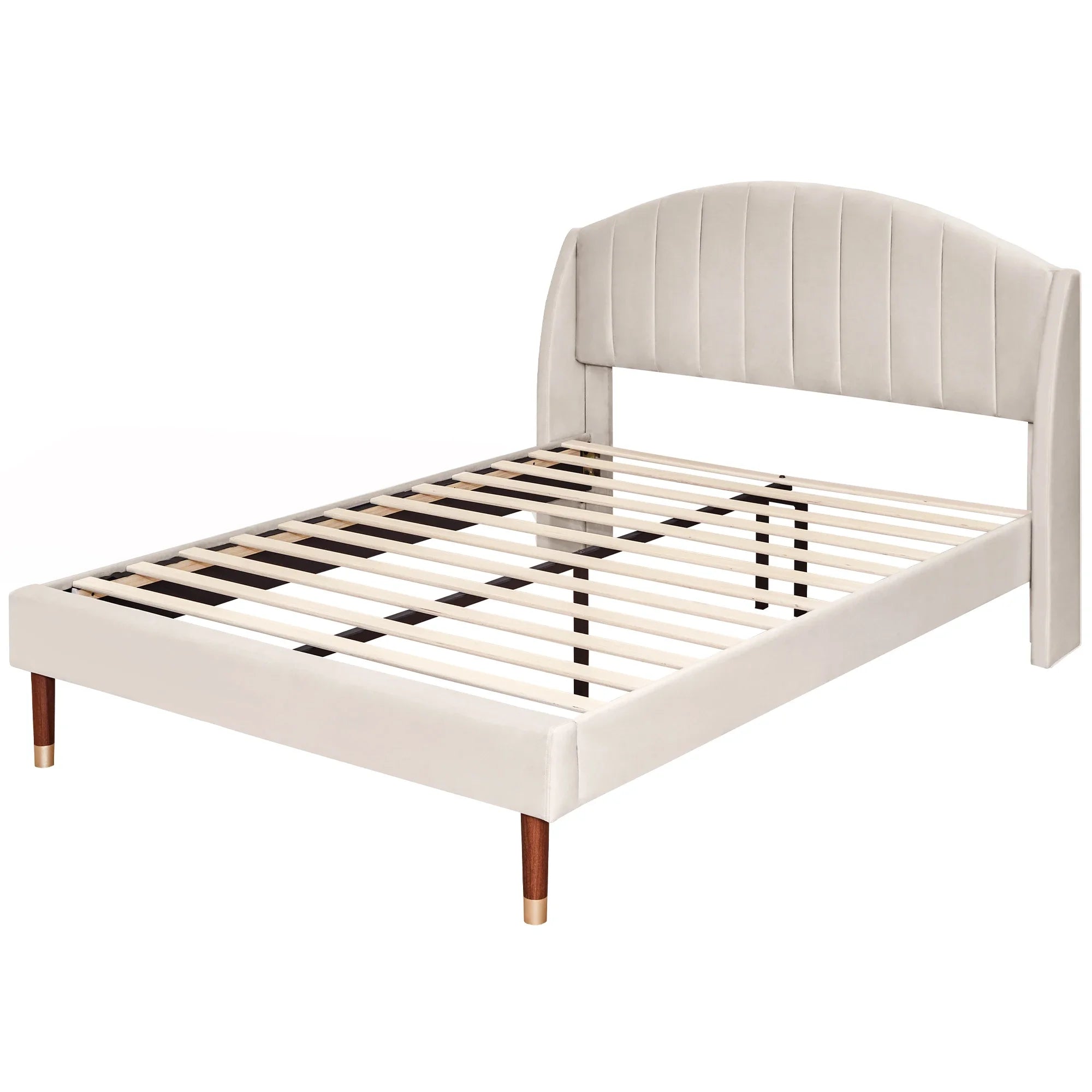 VSOGA Upholstered Bed 140*190 With Slatted Base And Headboard Teen Bed Single Bed Velvet, Beige - vue 3 sur 7