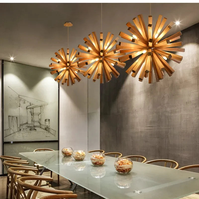 Nordic Dandelion Wooden Pendant Lights Art Creative new chinese Pendant Lamp tea room dining room living room Personality lamp - vue 4 sur 9
