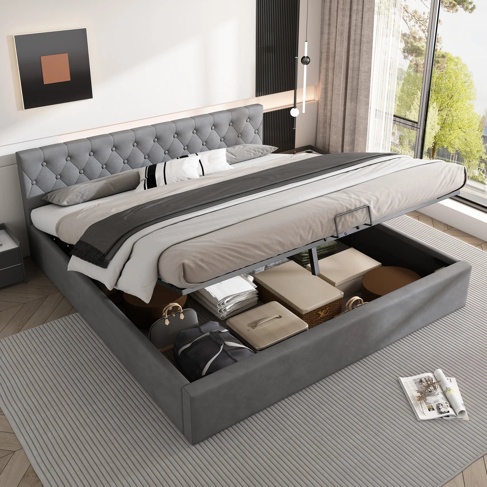 Upholstered Bed, Double Bed, Velvet Fabric, with Bed Box, Slatted Frame and Storage Space, Grey, 180 x 200 cm - vue 3 sur 7