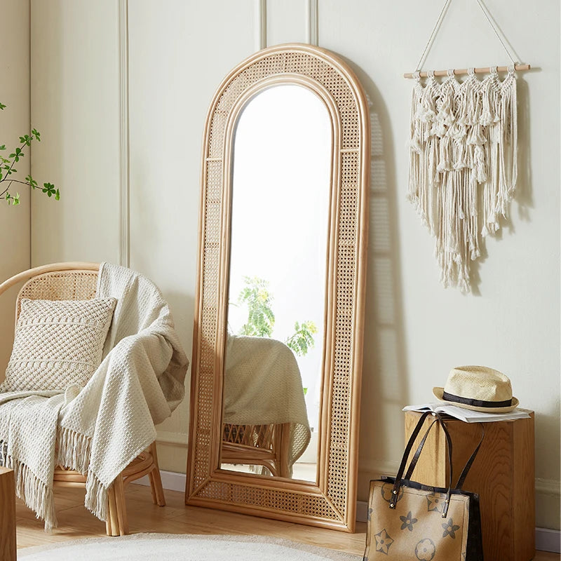 miroir vintage pleine longueur en rotin pour dressing - vue 3 sur 5