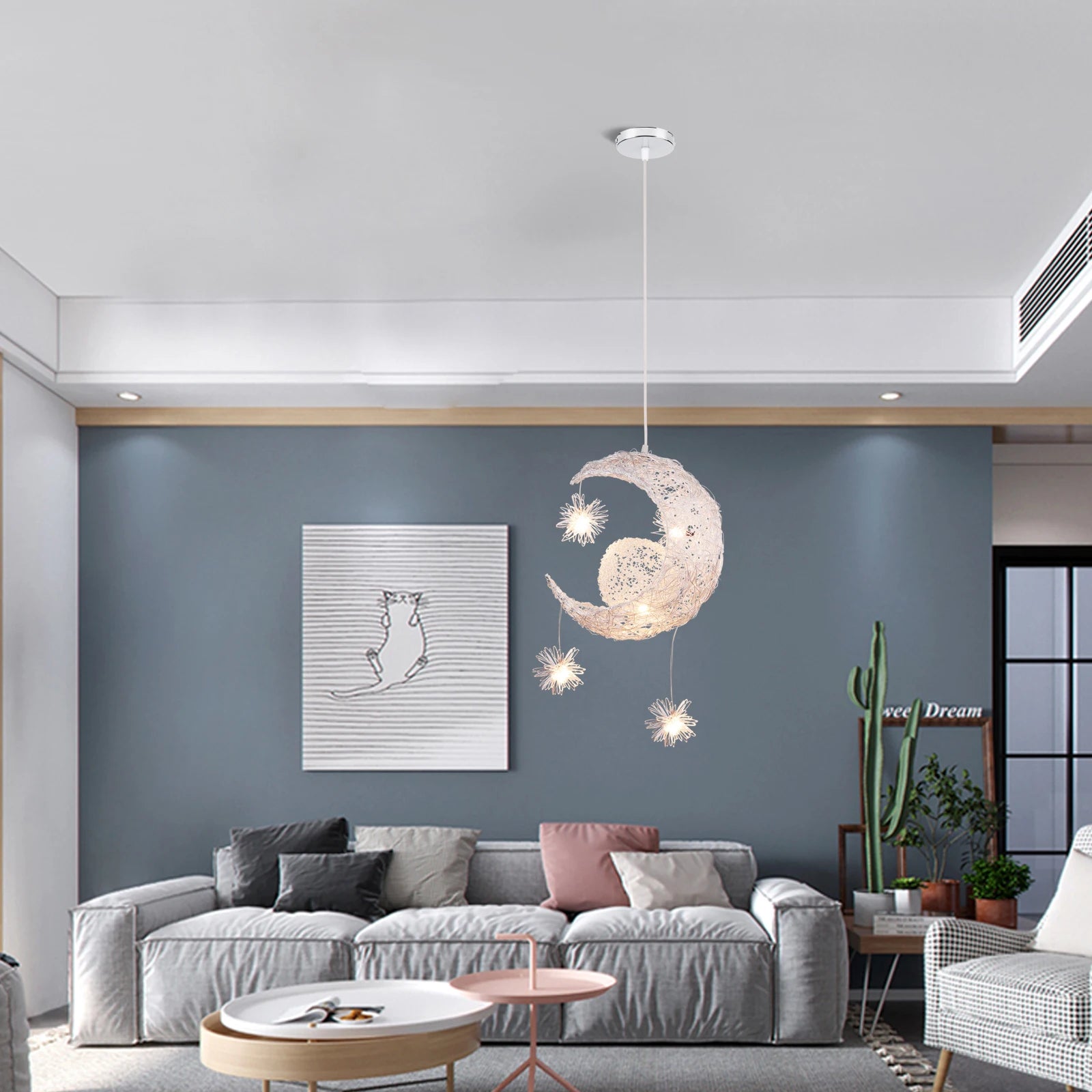 lampe suspendue créative en forme d'étoile et de lune led - vue 8 sur 8